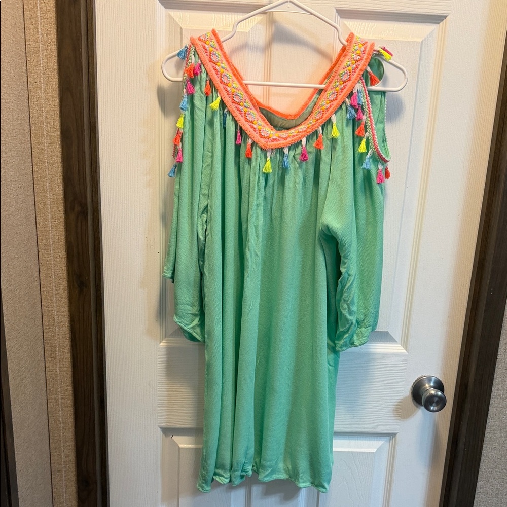 Velzera Mint Green Cold-Shoulder Mini Dress with Neon Tassel Trim